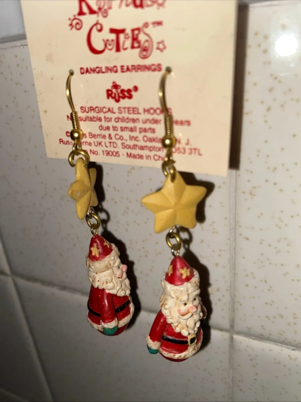 VTG Russ Kringle Cuties Dangle Earrings Surgical Steel Hooks Santa Claus